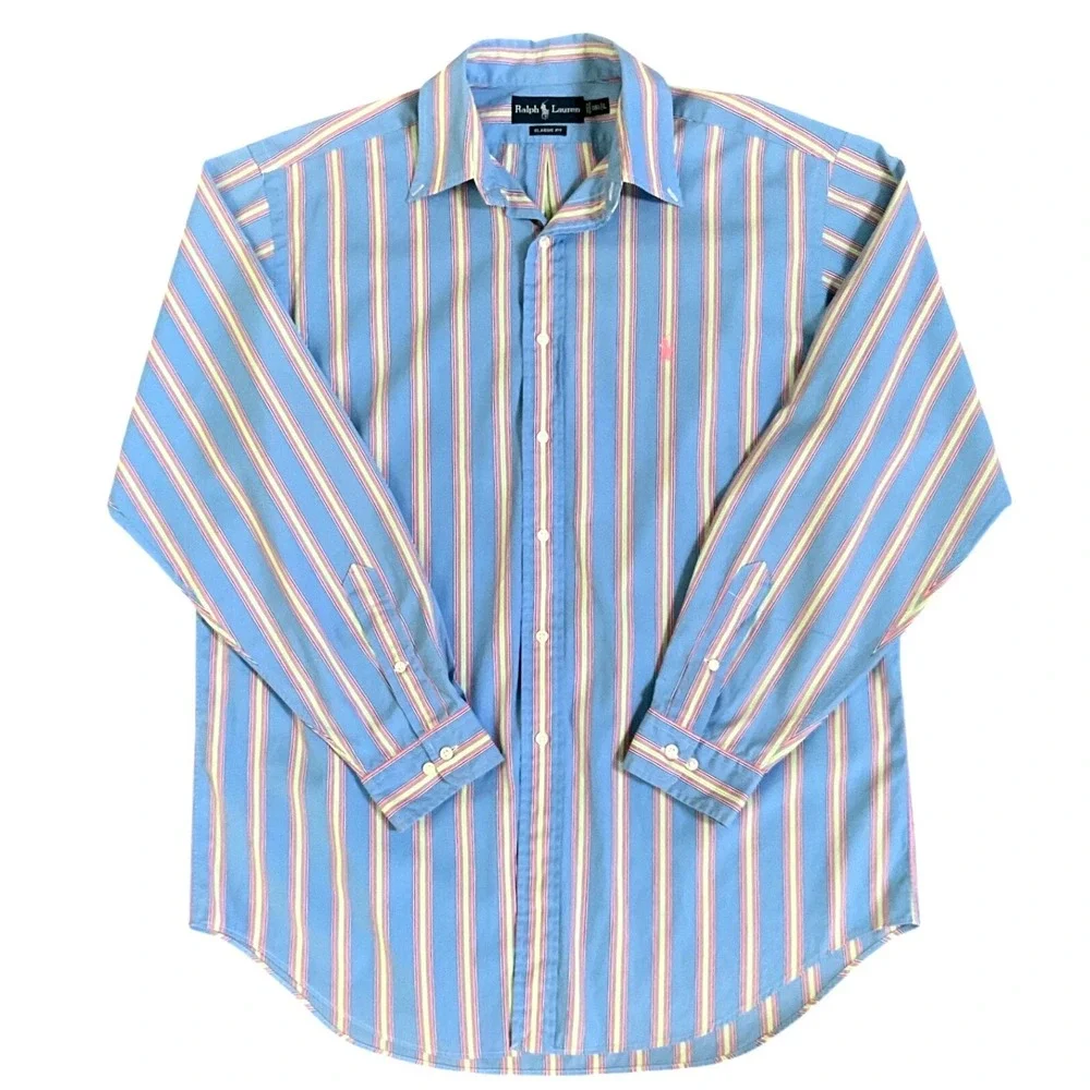 Ralph Lauren Classic Fit Blue Multicolor Stripe Button Down Shirt Mens 16.5 L